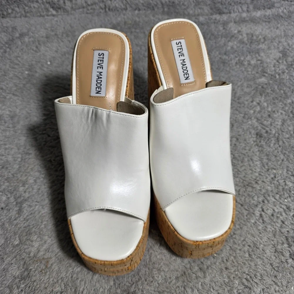 Steve Madden White‎ 90s Platform Wedge Peep Toe Mules Sandals JoAnne 9.5 M NEW